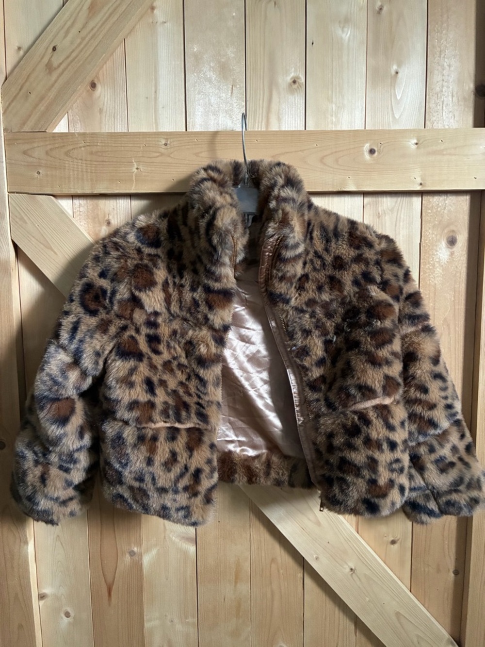 Girls Faux Fur Leopard Print Jacket - Brown